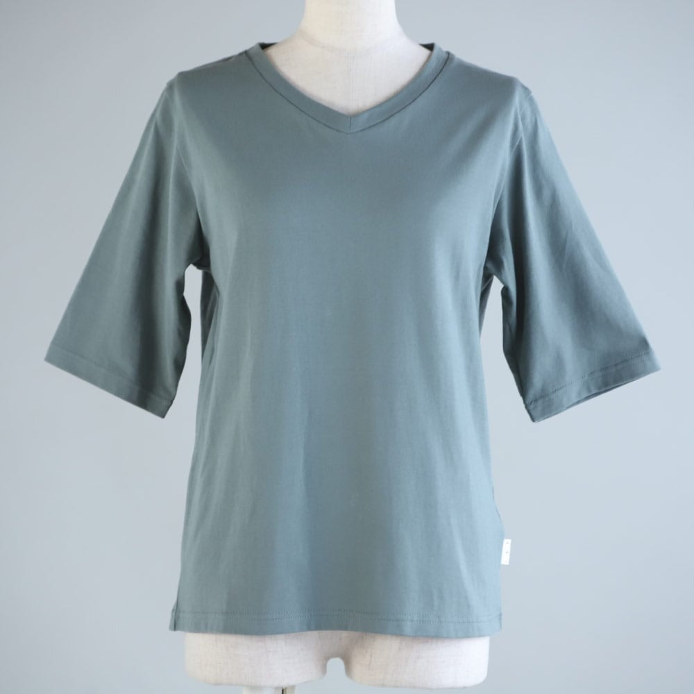 汗ジミ防止・二の腕カバー40代の女性のためのコットンVネックTシャツ(レディース)/5分袖丈