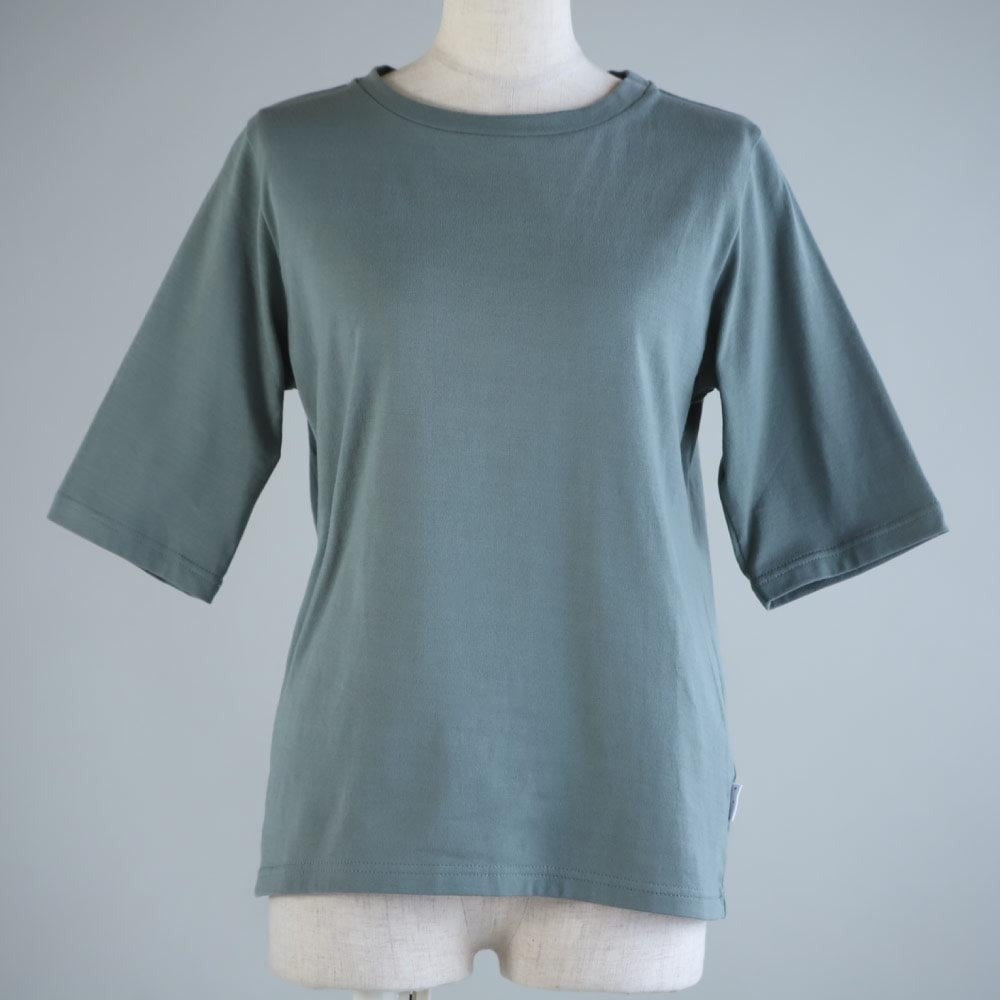 腕やウエストすっきりカバーする天然素材ヨガウェアコットンTシャツ/Uネック5分袖丈|国産(日本製)綿100%