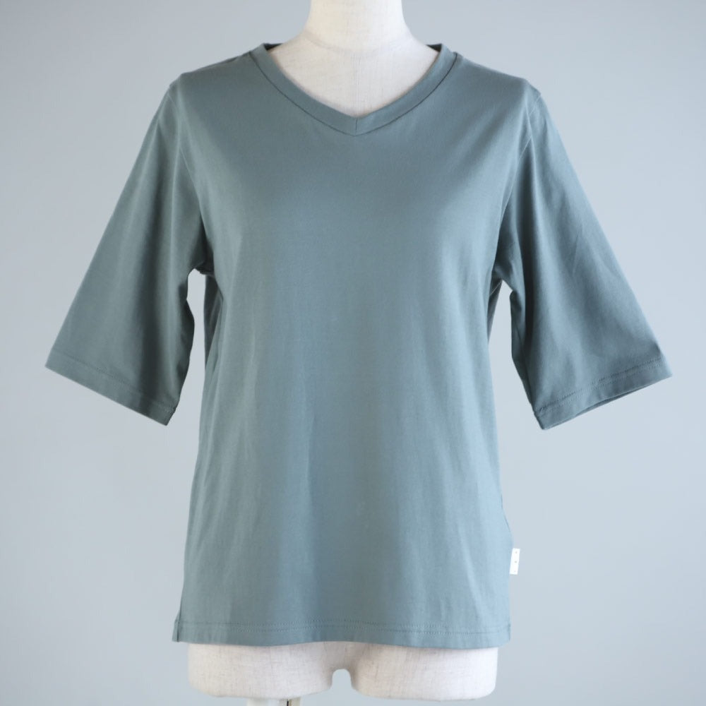 腕やウエストすっきりカバーする天然素材ヨガウェアコットンTシャツ/Vネック5分袖丈|国産(日本製)綿100%