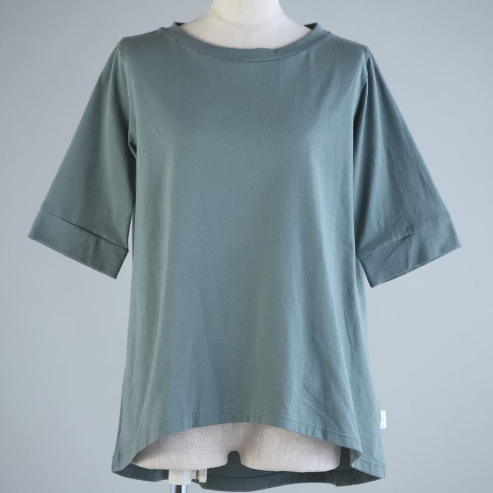 体型を拾わない・お腹まわりに張りつかないコットンフレアーTシャツ（レディース）／5分袖丈